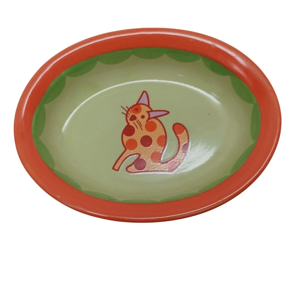 Castlemere Ceramic Pet Bowl Orange Green Polka Dot Cat Oval Dish Dishwasher Safe